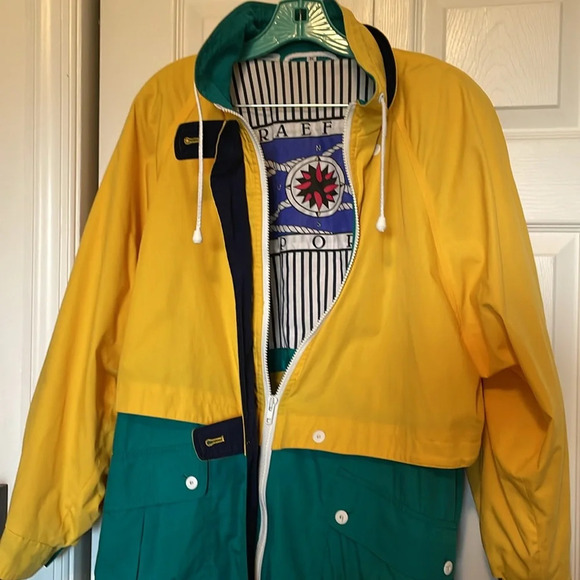 braefair sport Jackets & Blazers - VTG 1990s Braefair Sport woman’s Sz M jacket w shoulder pads Yellow teal sailing